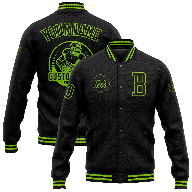 One Size Black Neon Green Bomber Full-Snap Varsity Letterman Jacket