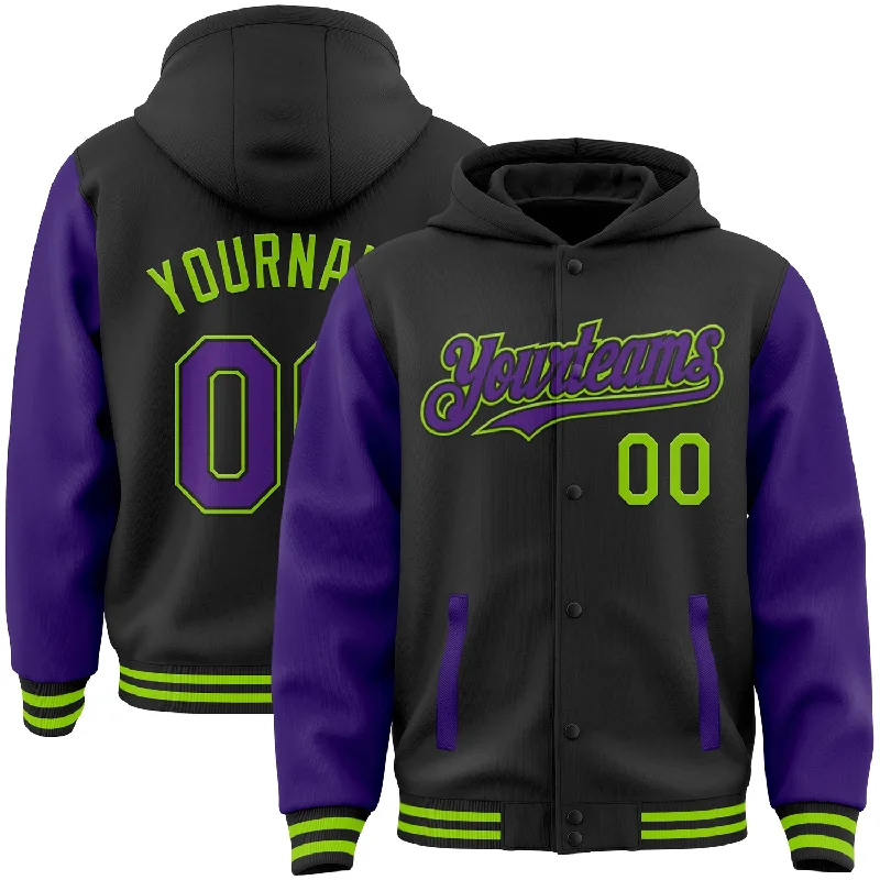 One Size Black Purple-Neon Green Bomber Full-Snap Varsity Letterman Two Tone Hoodie Jacket