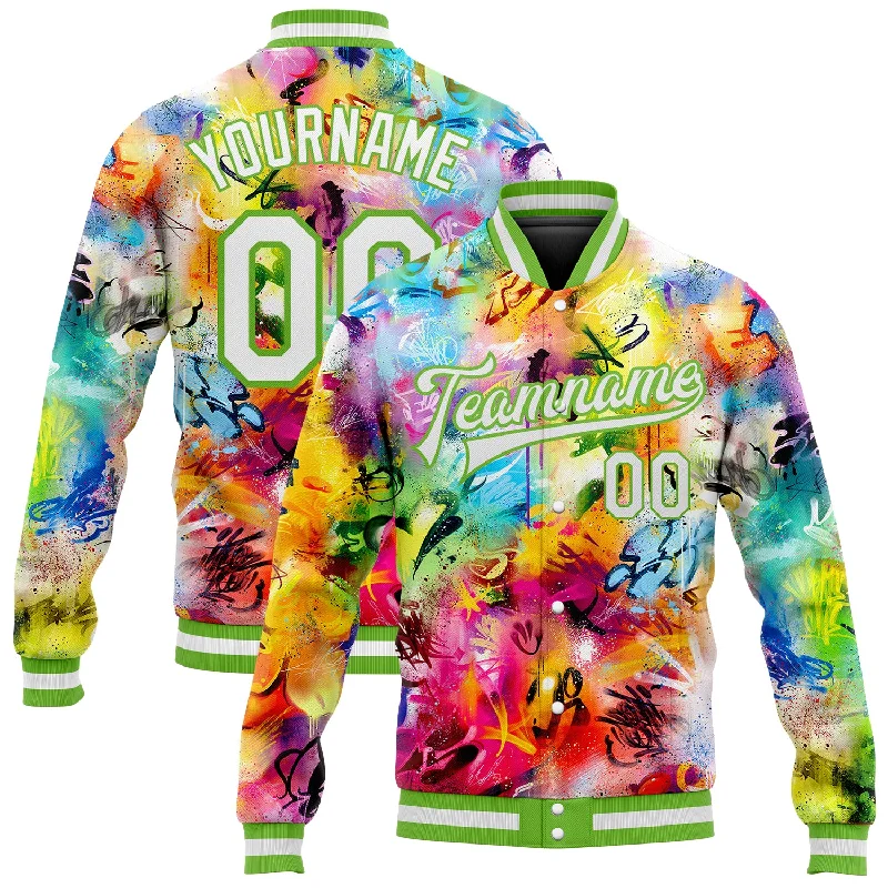 One Size Graffiti Pattern White-Neon Green Scratch 3D Bomber Full-Snap Varsity Letterman Jacket