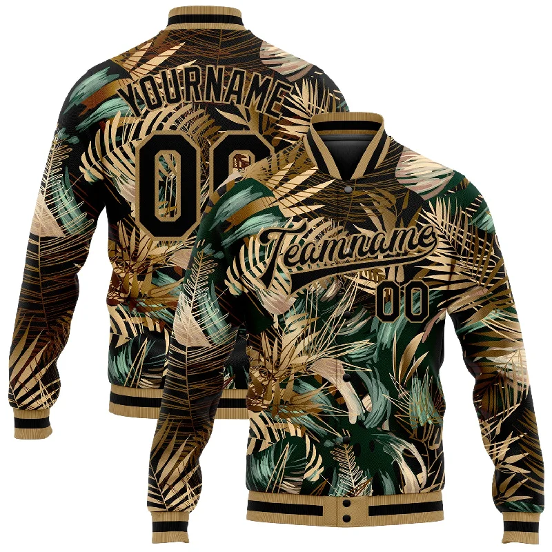 One Size Black Black-Old Gold Hawaii Palm Trees 3D Bomber Full-Snap Varsity Letterman Jacket