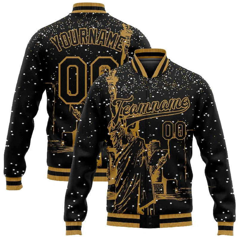 One Size Black Old Gold New York Statue of Liberty 3D Pattern Design Bomber Full-Snap Varsity Letterman Jacket