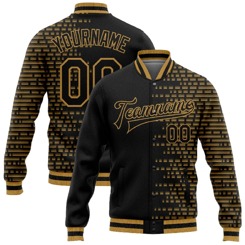 One Size Black Old Gold Halftone 3D Pattern Design Bomber Full-Snap Varsity Letterman Jacket