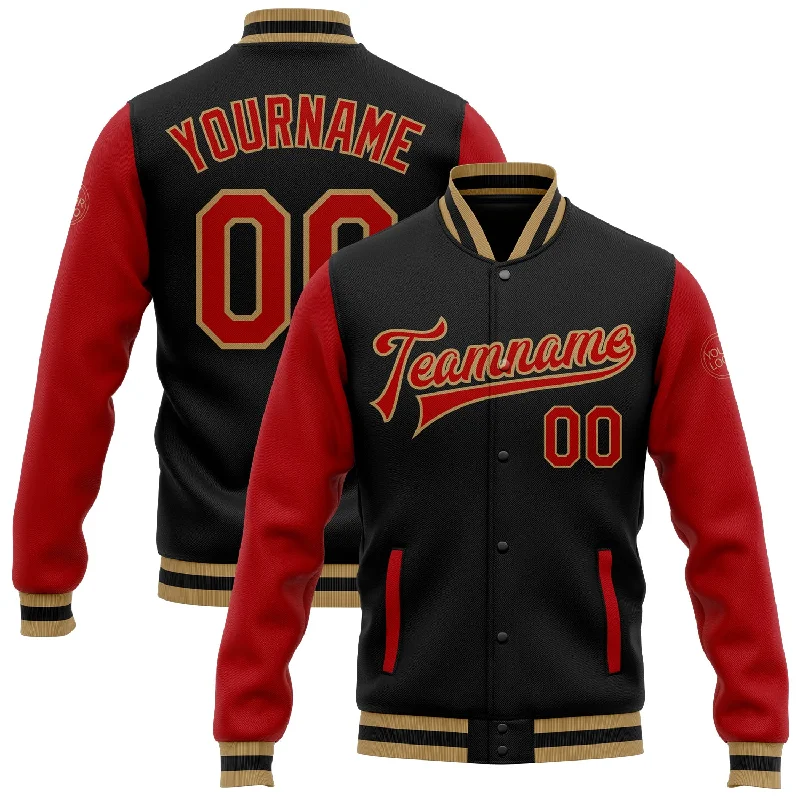 One Size Black Red-Old Gold Bomber Full-Snap Varsity Letterman Two Tone Jacket