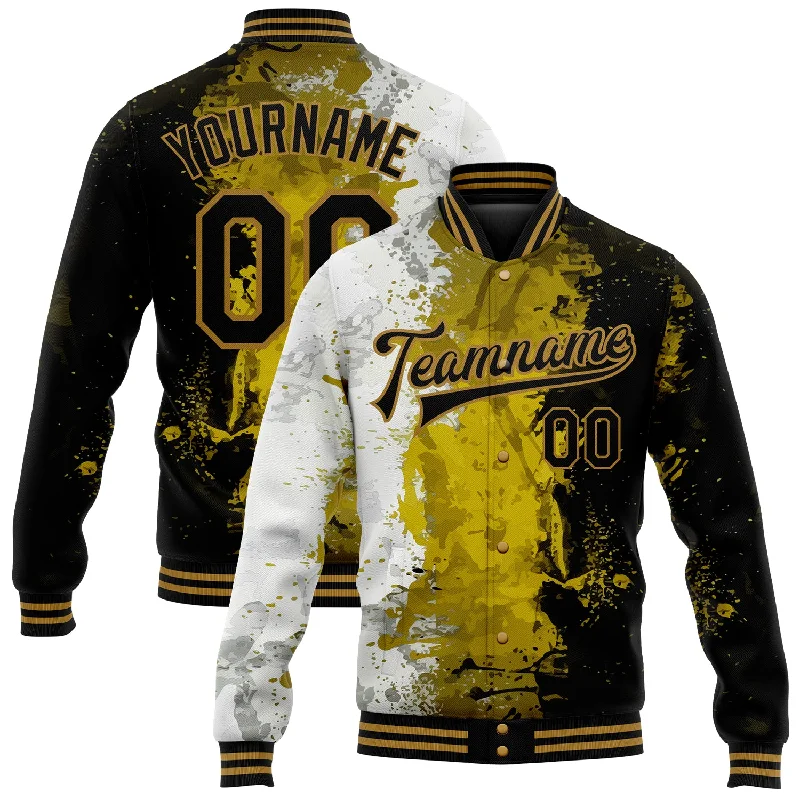 One Size Graffiti Pattern Black-Old Gold Grunge Art 3D Bomber Full-Snap Varsity Letterman Jacket