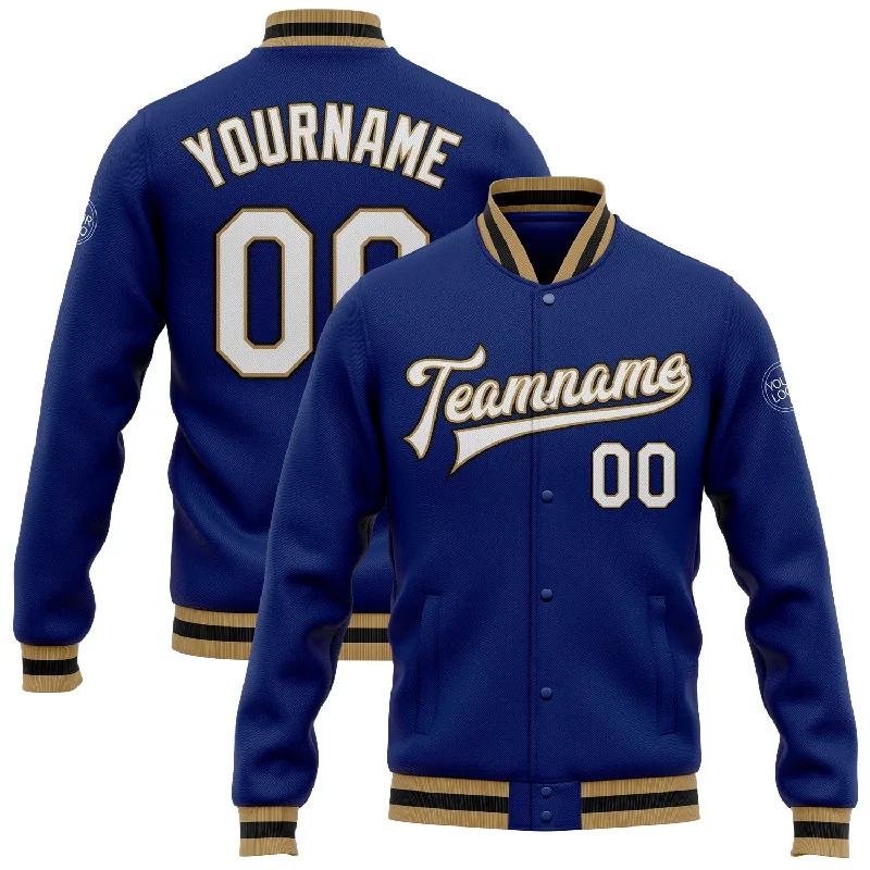 One Size Royal White Old Gold-Black Bomber Full-Snap Varsity Letterman Jacket