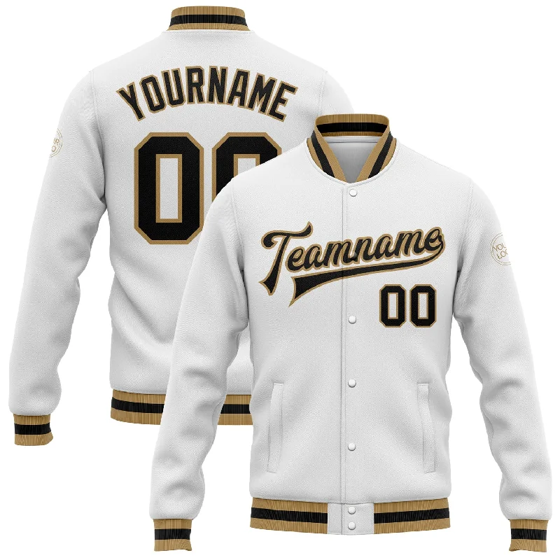 One Size White Black-Old Gold Bomber Full-Snap Varsity Letterman Jacket