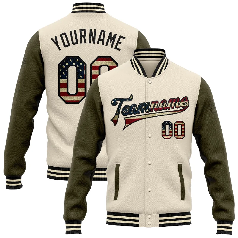 One Size Cream Vintage USA Flag Olive-Black Bomber Full-Snap Varsity Letterman Two Tone Jacket