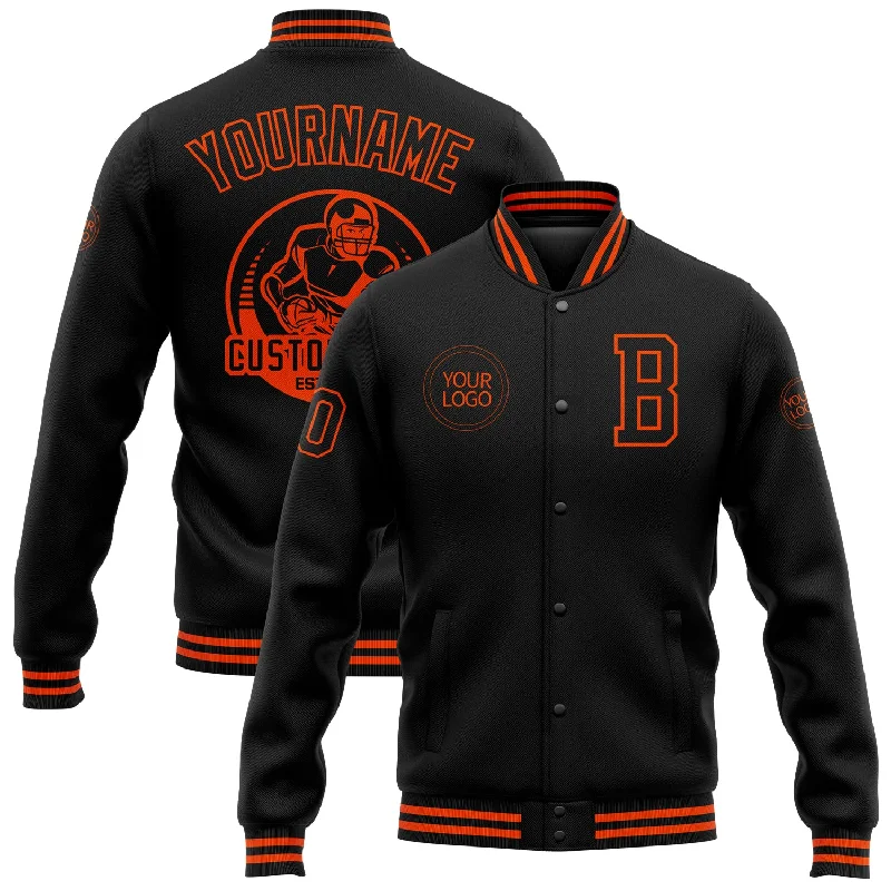 One Size Black Orange Bomber Full-Snap Varsity Letterman Jacket