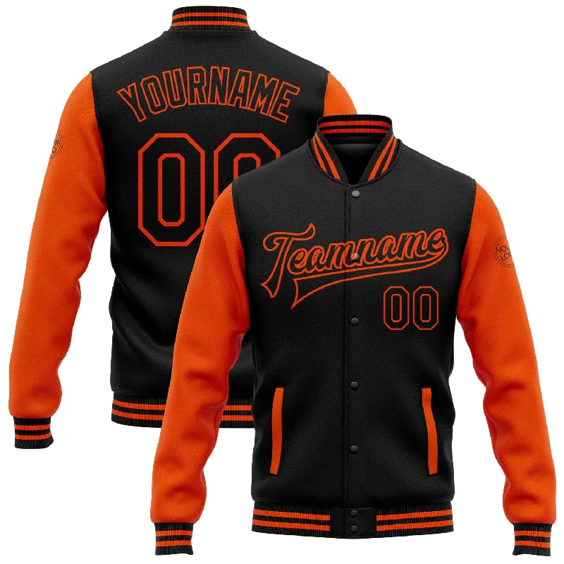 One Size Black Orange Bomber Full-Snap Varsity Letterman Two Tone Jacket