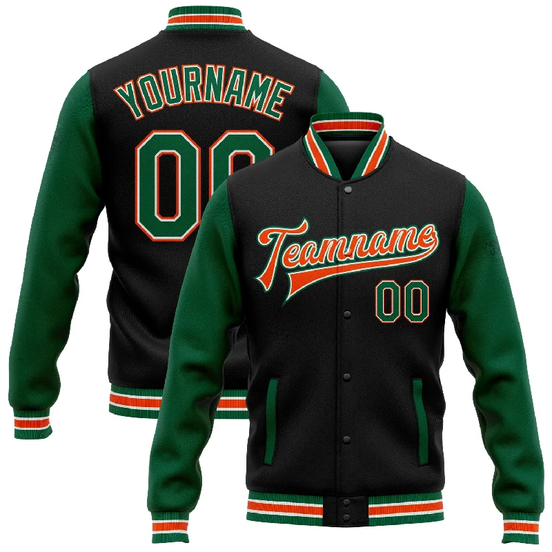 One Size Black Kelly Green-Orange Bomber Full-Snap Varsity Letterman Two Tone Jacket