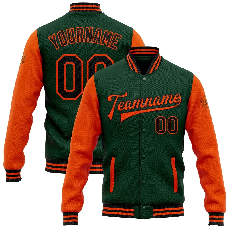 One Size Green Black-Orange Bomber Full-Snap Varsity Letterman Two Tone Jacket