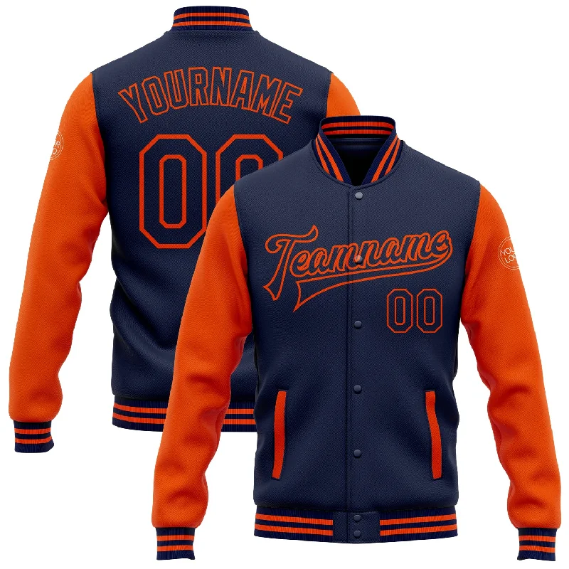 One Size Navy Orange Bomber Full-Snap Varsity Letterman Two Tone Jacket