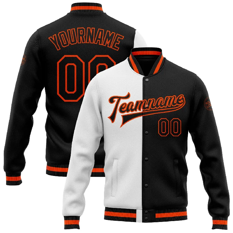 One Size White Black-Orange Bomber Full-Snap Varsity Letterman Split Fashion Jacket