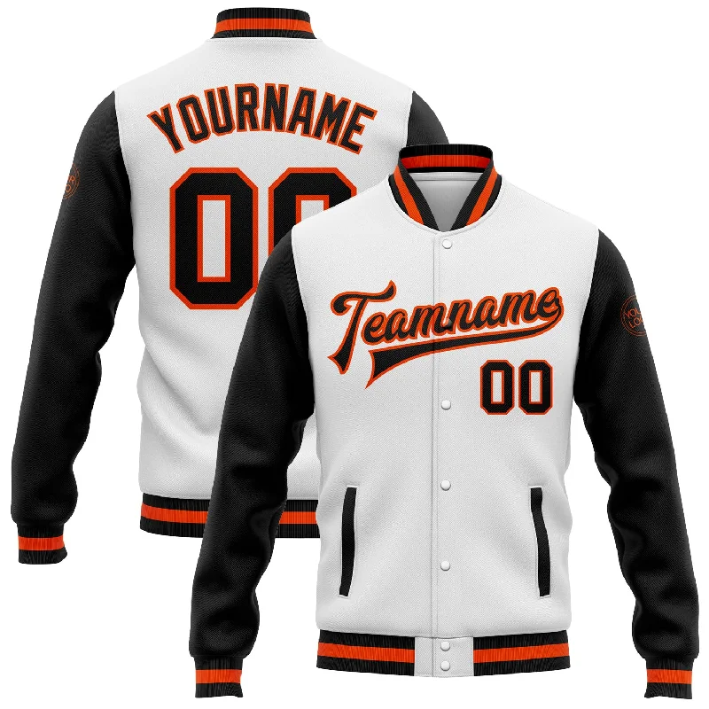 One Size White Black-Orange Bomber Full-Snap Varsity Letterman Two Tone Jacket