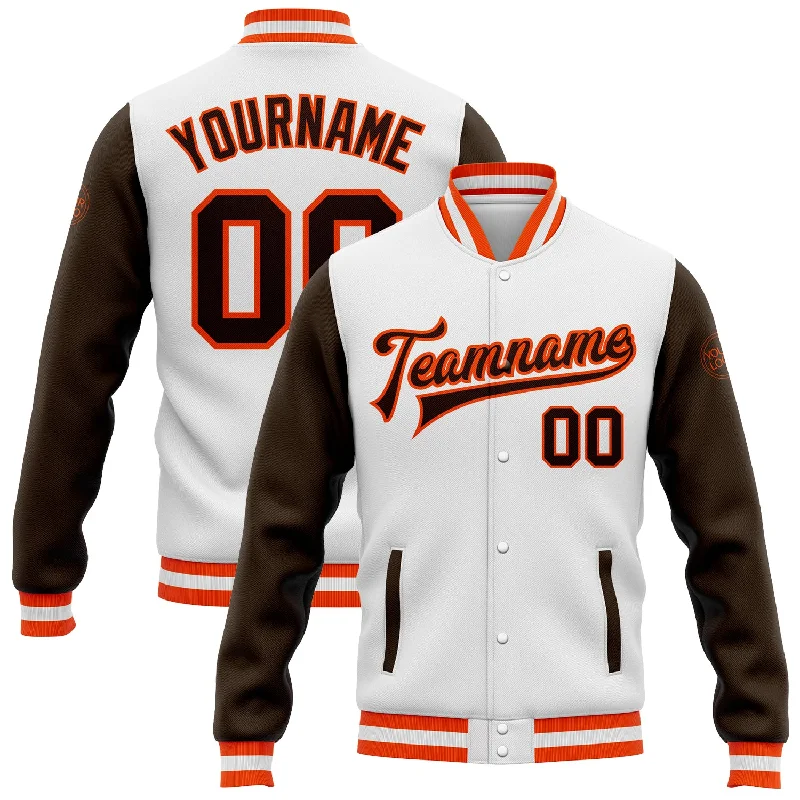 One Size White Brown-Orange Bomber Full-Snap Varsity Letterman Two Tone Jacket