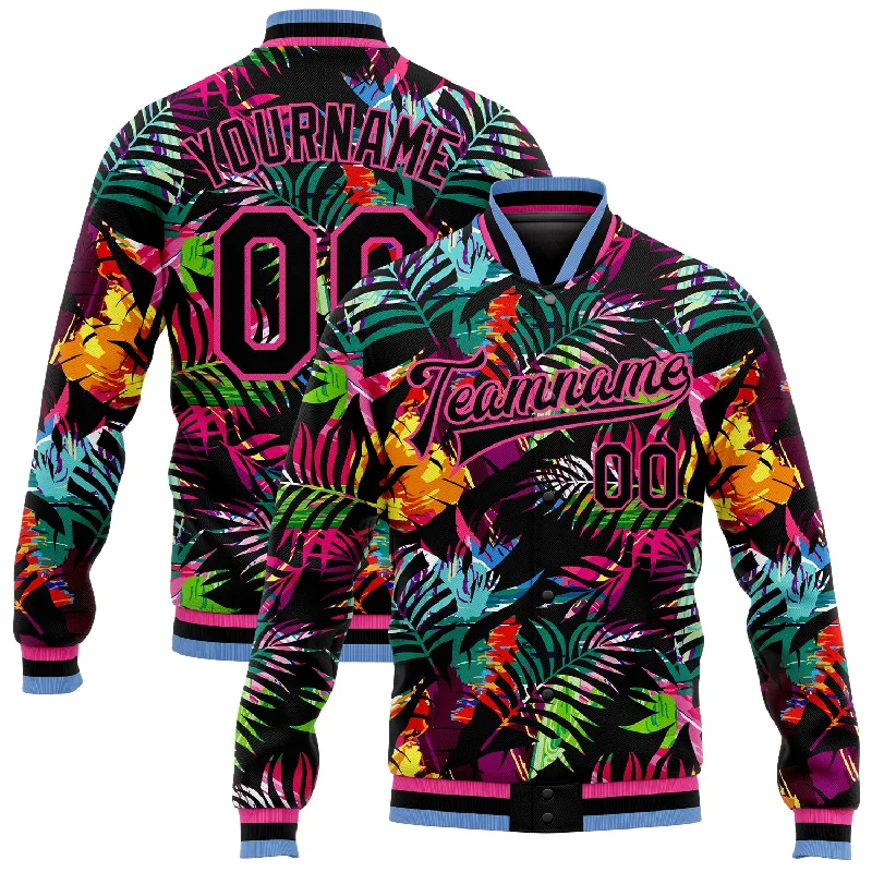 One Size Black Pink-Light Blue Hawaii Palm Trees 3D Bomber Full-Snap Varsity Letterman Jacket