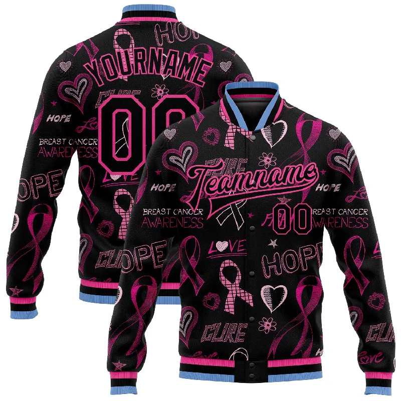 One Size Black Black Pink-Light Blue Pink Ribbon Breast Cancer Awareness 3D Pattern Design Bomber Full-Snap Varsity Letterman Jacket