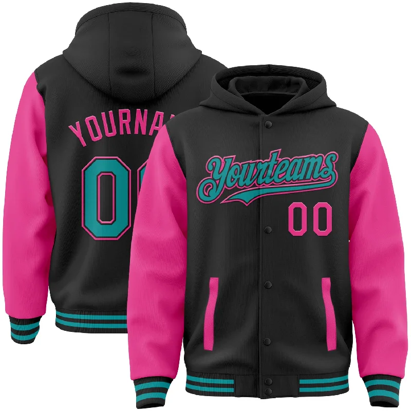 One Size Black Teal-Pink Bomber Full-Snap Varsity Letterman Two Tone Hoodie Jacket