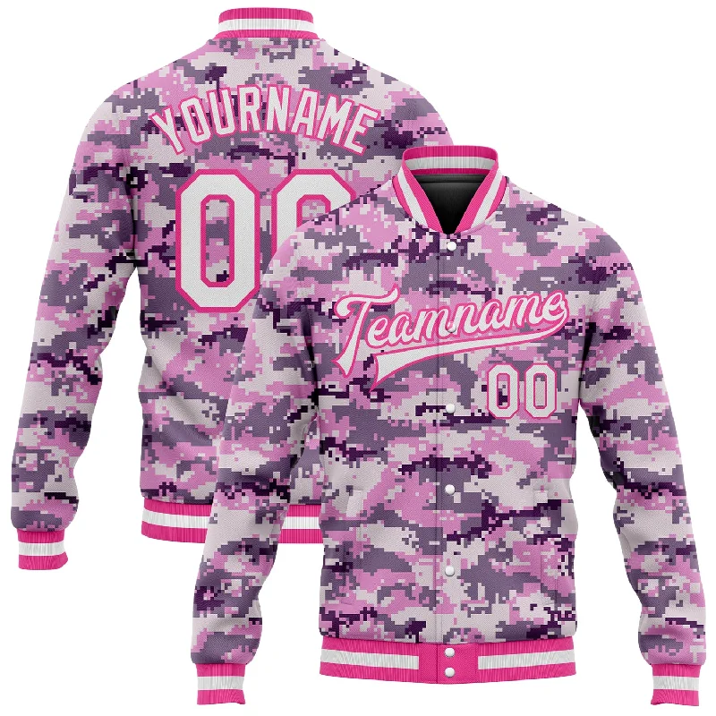 One Size Camo White-Pink 3D Bomber Full-Snap Varsity Letterman Salute To Service Jacket