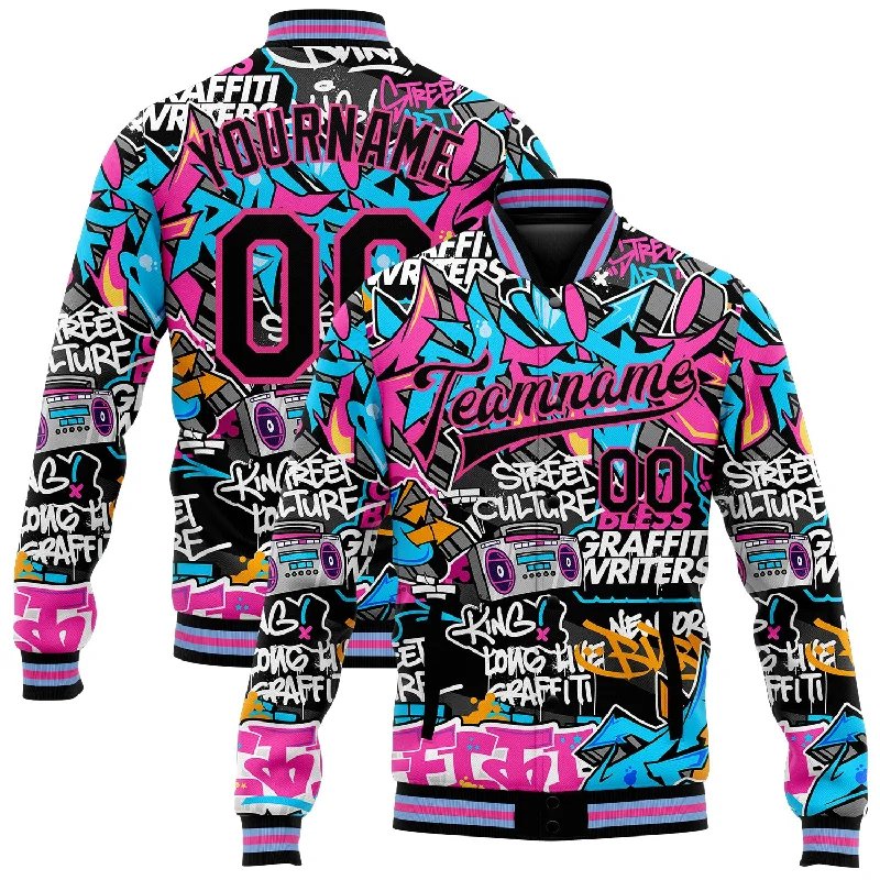 One Size Graffiti Pattern Black Pink Grunge Urban Street Art 3D Bomber Full-Snap Varsity Letterman Jacket