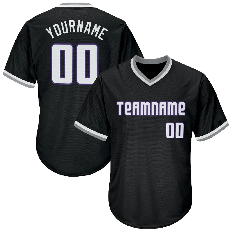 One Size Black White-Purple Authentic Throwback Rib-Knit Baseball Jersey Shirt