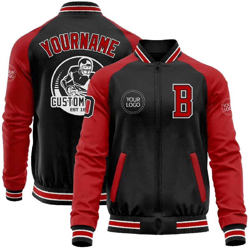 One Size Black Red-White Bomber Varsity Letterman Two Tone Zipper Jacket