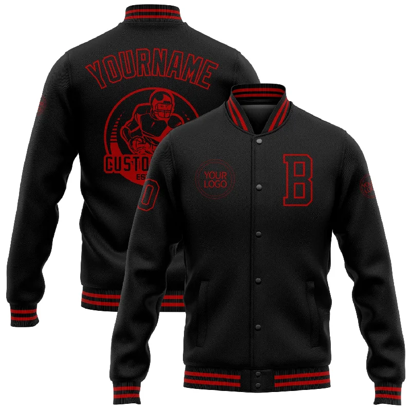 One Size Black Red Bomber Full-Snap Varsity Letterman Jacket