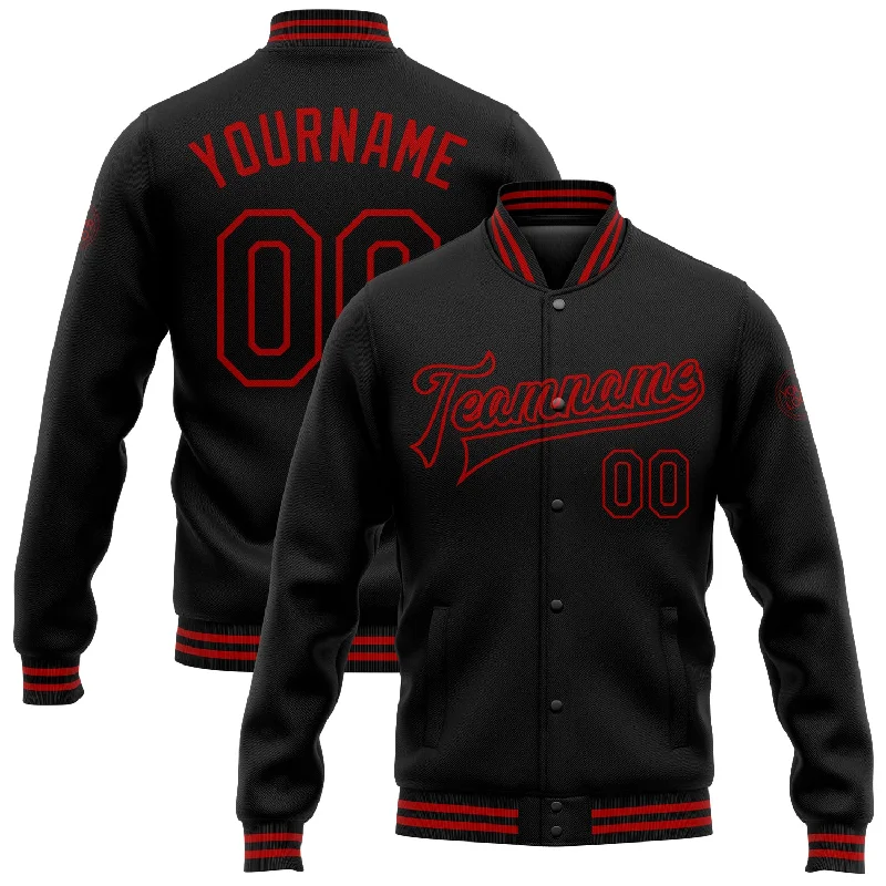 One Size Black Red Bomber Full-Snap Varsity Letterman Jacket