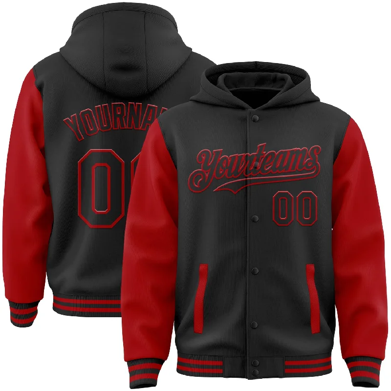 One Size Black Red Bomber Full-Snap Varsity Letterman Two Tone Hoodie Jacket