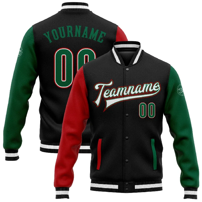 One Size Black Kelly Green-Red Bomber Full-Snap Varsity Letterman Two Tone Jacket