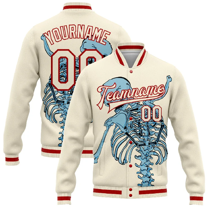 One Size Cream Red Skull Fashion 3D Bomber Full-Snap Varsity Letterman Jacket