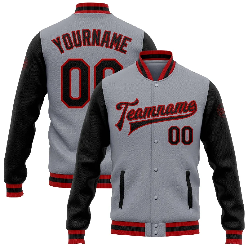 One Size Gray Black-Red Bomber Full-Snap Varsity Letterman Two Tone Jacket