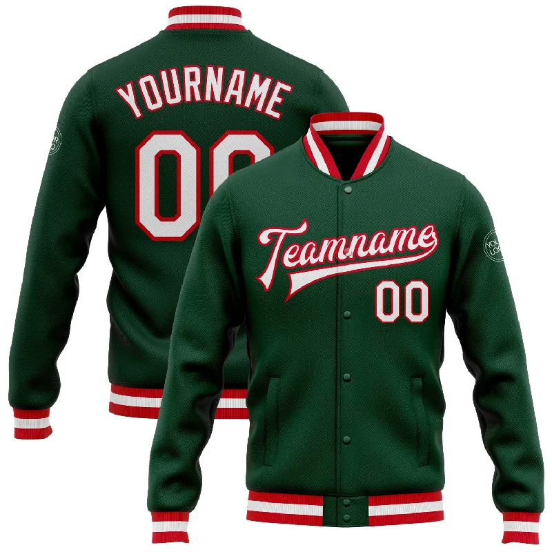 One Size Green White-Red Bomber Full-Snap Varsity Letterman Jacket