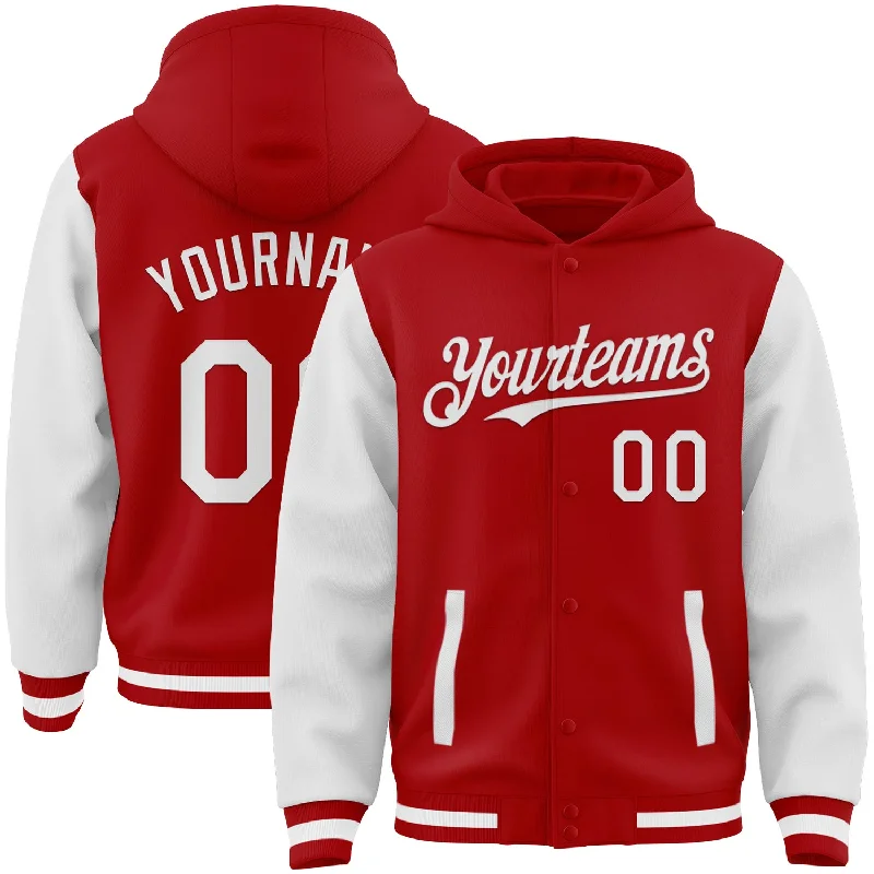 One Size Red White Bomber Full-Snap Varsity Letterman Two Tone Hoodie Jacket