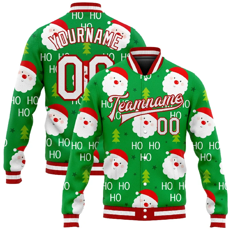 One Size Kelly Green White-Red Christmas 3D Bomber Full-Snap Varsity Letterman Jacket