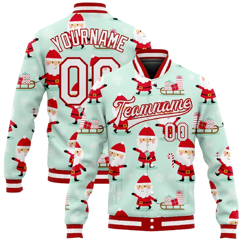 One Size Pea Green White-Red Christmas 3D Bomber Full-Snap Varsity Letterman Jacket