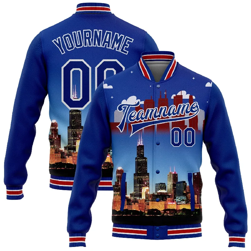 One Size Royal Red-White Chicago Illinois City Edition 3D Bomber Full-Snap Varsity Letterman Jacket