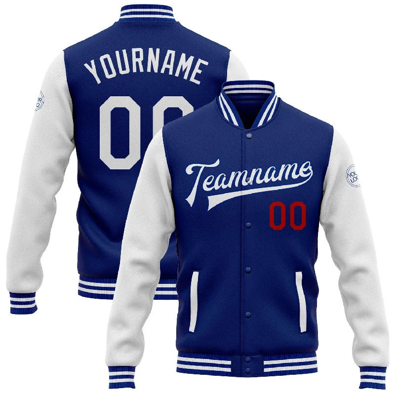 One Size Royal White-Red Bomber Full-Snap Varsity Letterman Two Tone Jacket