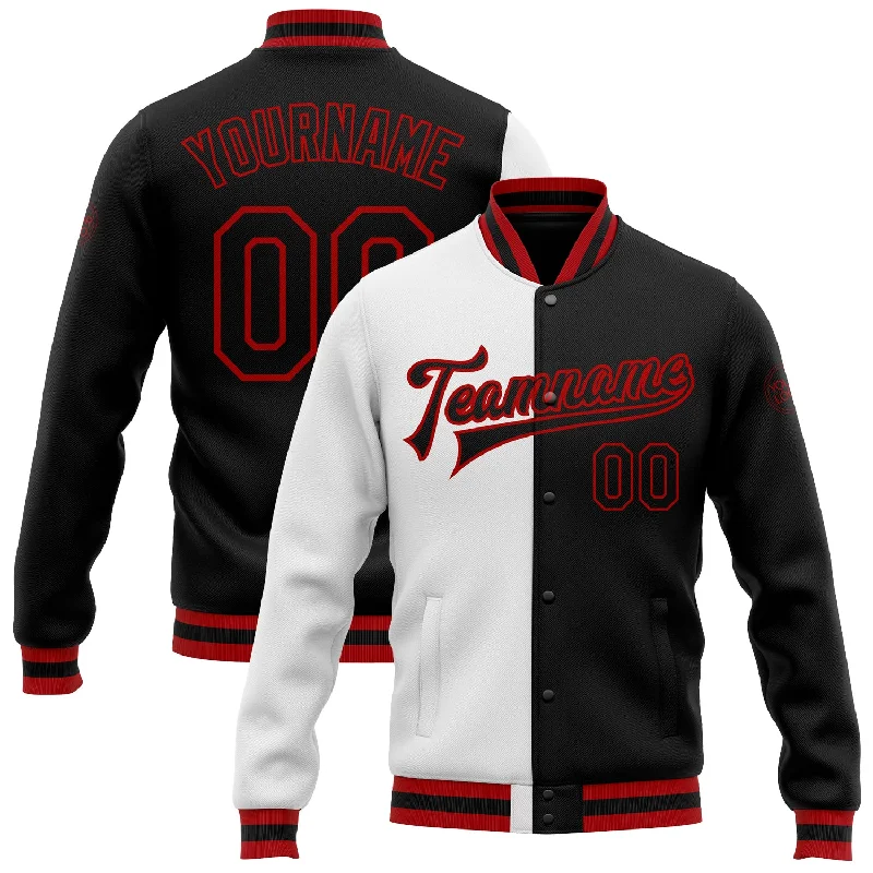 One Size White Black-Red Bomber Full-Snap Varsity Letterman Split Fashion Jacket