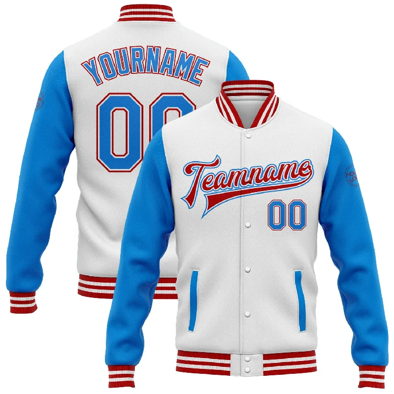 One Size White Powder Blue-Red Bomber Full-Snap Varsity Letterman Two Tone Jacket