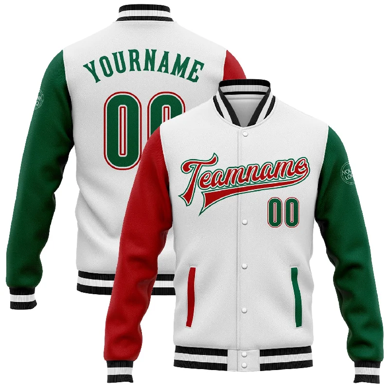 One Size White Kelly Green-Red Bomber Full-Snap Varsity Letterman Two Tone Jacket