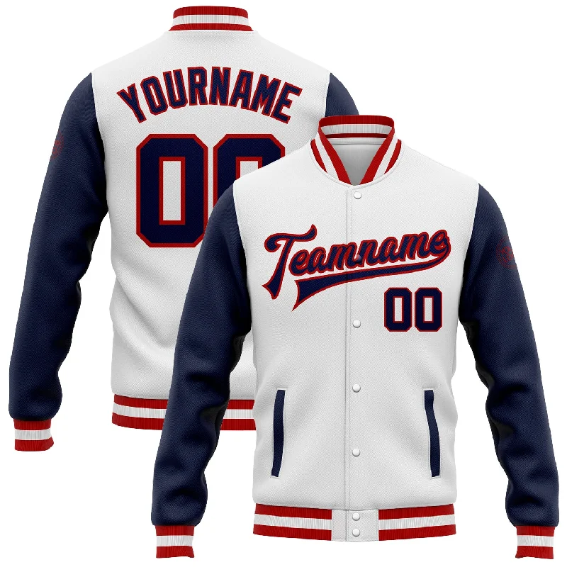 One Size White Navy-Red Bomber Full-Snap Varsity Letterman Two Tone Jacket