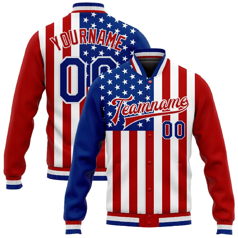 One Size White Royal-Red American Flag Fashion 3D Bomber Full-Snap Varsity Letterman Jacket