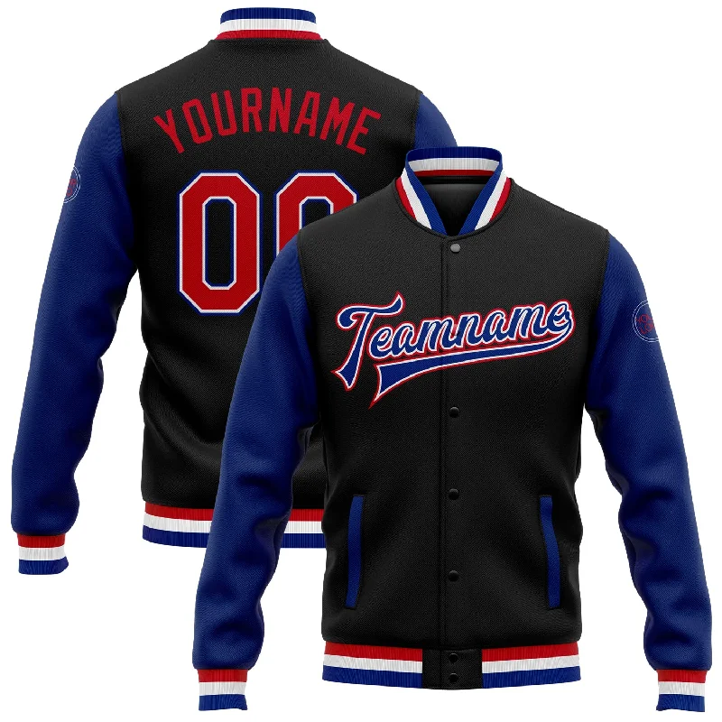 One Size Black Red-Royal Bomber Full-Snap Varsity Letterman Two Tone Jacket