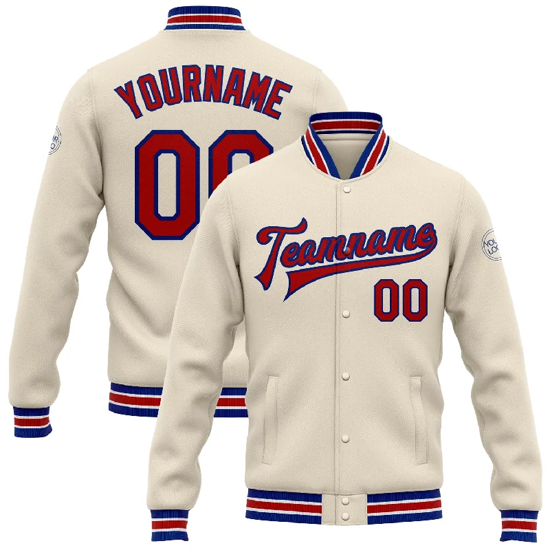 One Size Cream Red-Royal Bomber Full-Snap Varsity Letterman Jacket