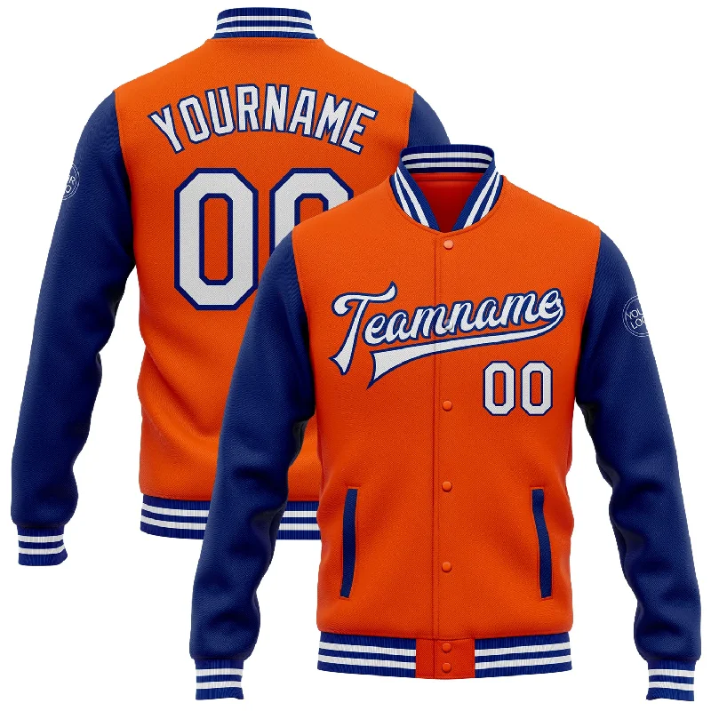 One Size Orange White-Royal Bomber Full-Snap Varsity Letterman Two Tone Jacket