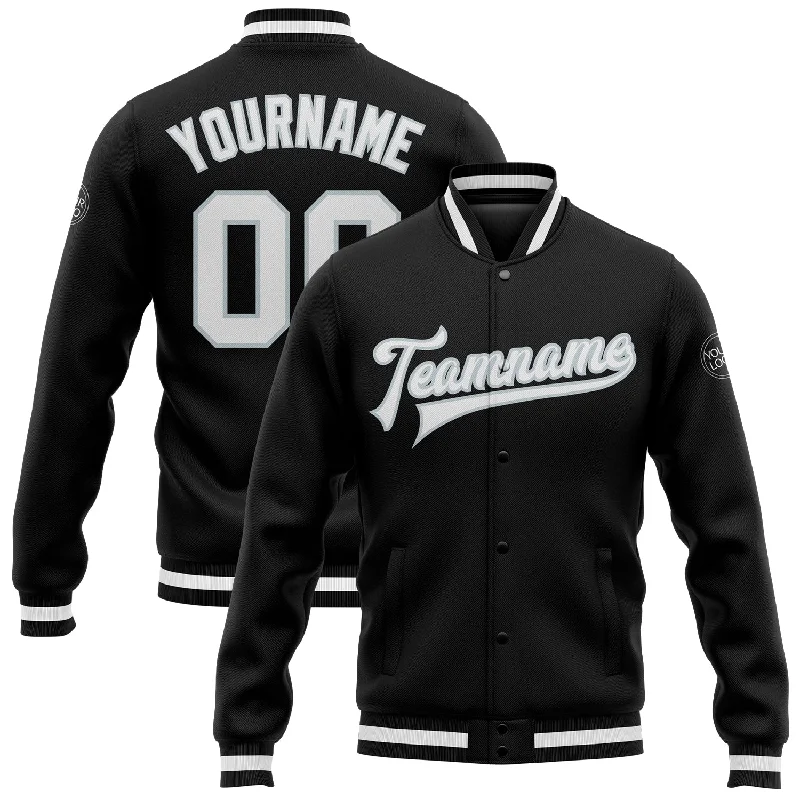 One Size Black White-Silver Bomber Full-Snap Varsity Letterman Jacket