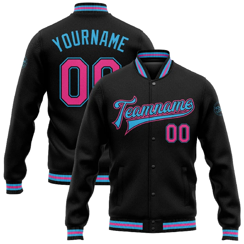 One Size Black Pink-Sky Blue Bomber Full-Snap Varsity Letterman Jacket