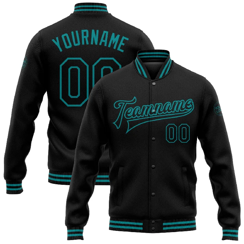 One Size Black Teal Bomber Full-Snap Varsity Letterman Jacket