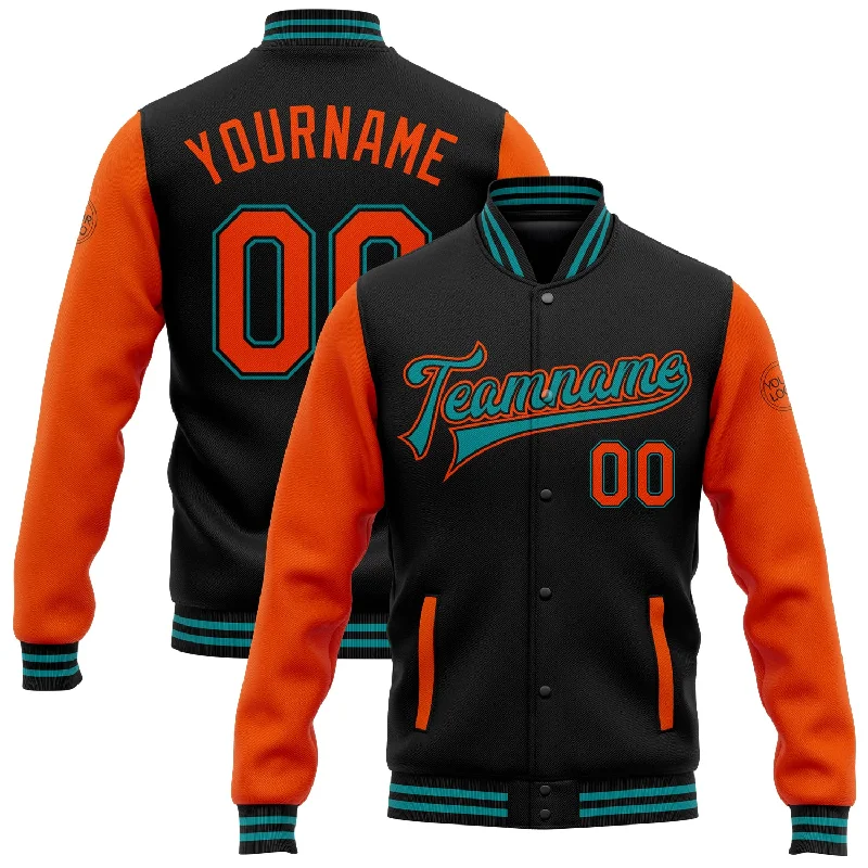 One Size Black Orange-Teal Bomber Full-Snap Varsity Letterman Two Tone Jacket